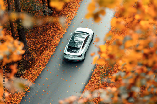 high angle view of an electric car in a autumn road photo