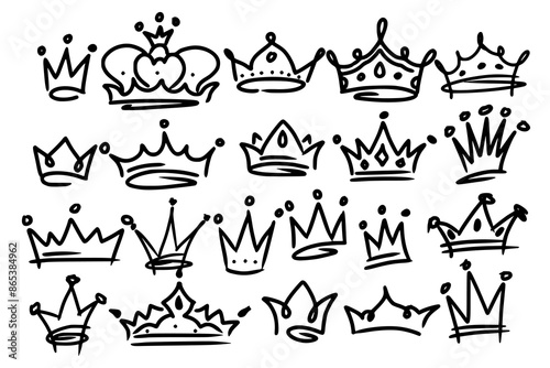 Sketch crown. Simple graffiti crowning, elegant queen or king crowns hand drawn. Royal imperial coronation symbols, monarch majestic jewel tiara isolated icons vector illustration set