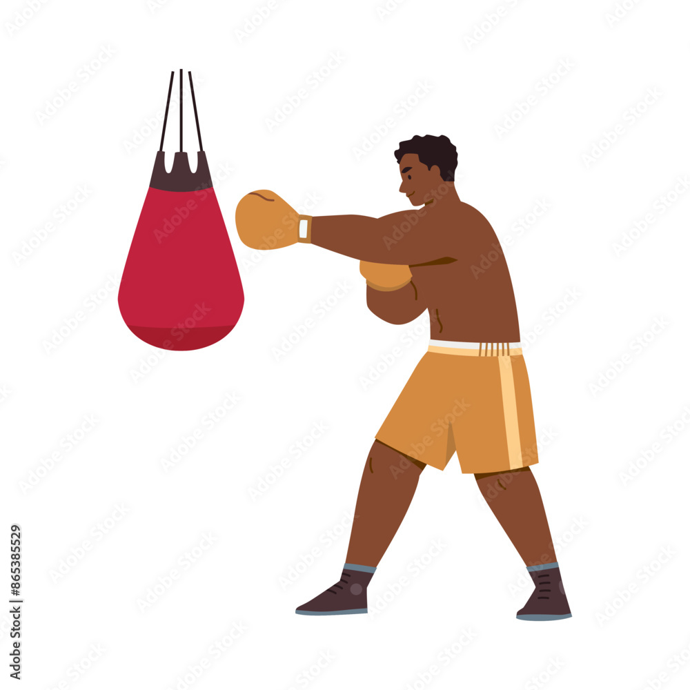 Boxer practicing vector illustration in gym. Boxer practicing vector illustration in gym.