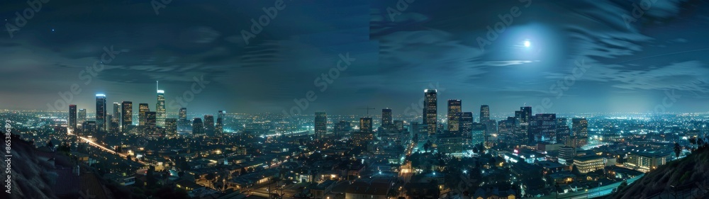 Fototapeta premium 32:9 panoramic view of the city of Los Angeles at night