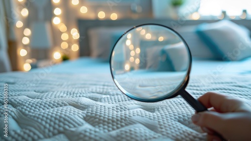 Hand with magnifying glass inspecting the mattress against a bedroom background. photo