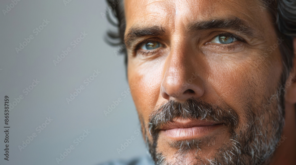Portrait of a middle-aged man with blue eyes and gray hair, focusing on skincare