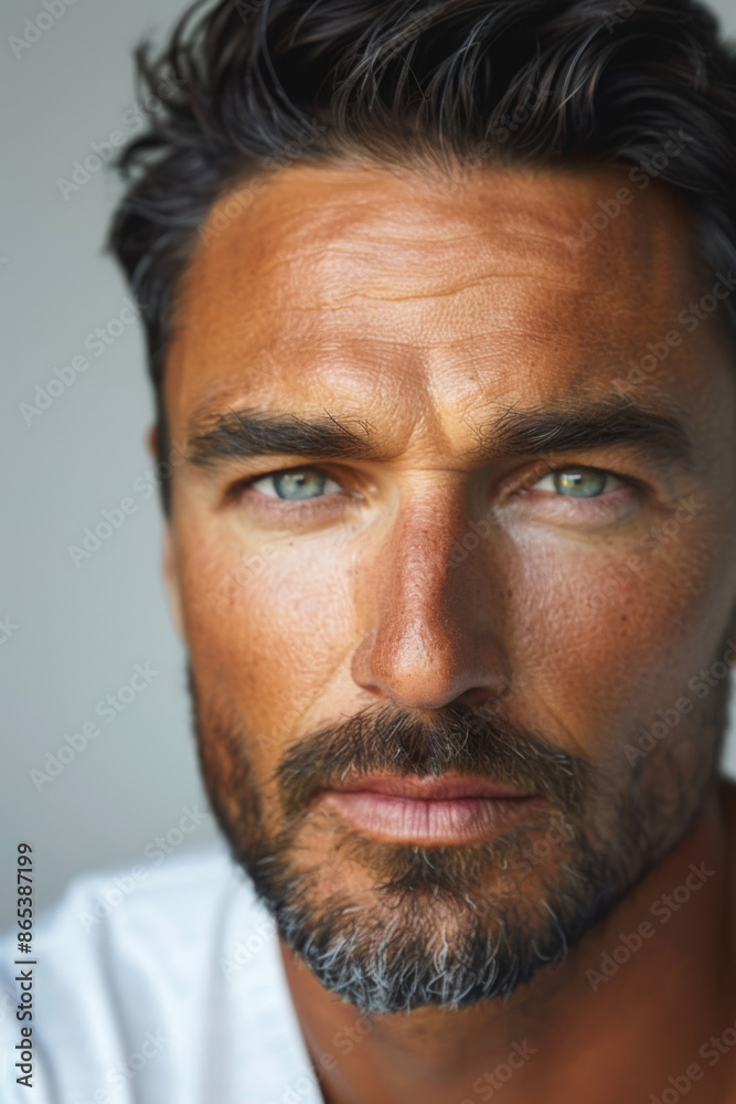 Fototapeta premium Close-up portrait of a mature man with dark hair and blue eyes, emphasizing skincare and facial grooming
