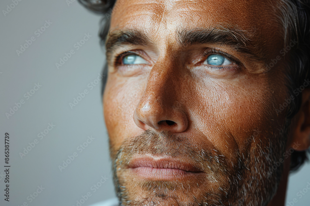 Obraz premium Portrait of an American man in his 40s showcasing male skincare, close up, skincare, male grooming