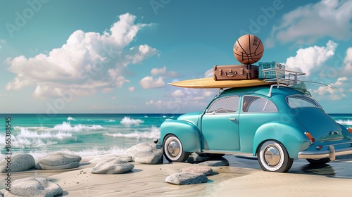 Blue Old-Timer Car with Surfboard, Suitcases, and Basketball

