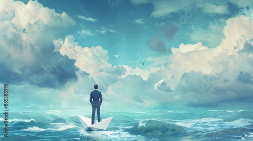 Businessman standing on a paper boat in a stormy sea.