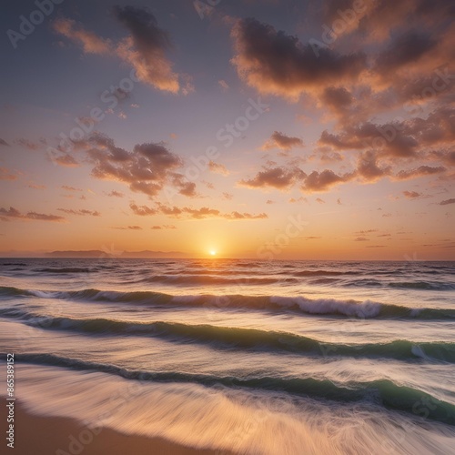 Sunset Over a Serene Beach with Smooth Waves and Golden Sky