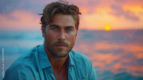 Handsome Man at Sunset Beach - Generative AI