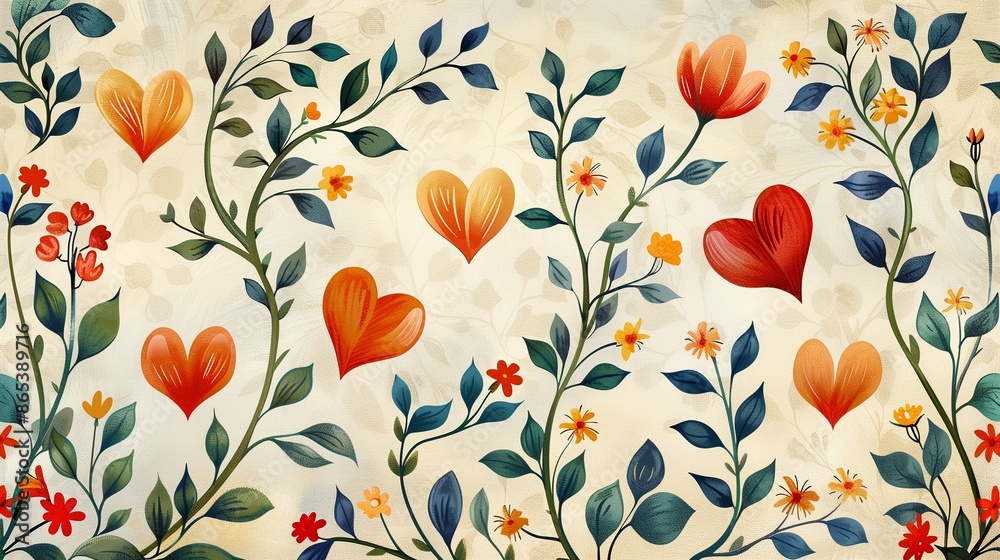 Vibrant Autumn-Themed Floral Design with Heart-Shaped Petals and Leaves in Watercolor Style on Light Background Vibrant Autumn-Themed Floral Design with Heart-Shaped Petals and Leaves in Watercolor Style on Light Background