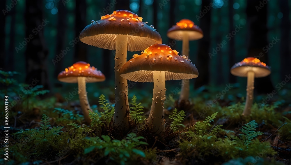 Fototapeta premium The magic of glowing mushrooms illuminating the forest floor ai_generated