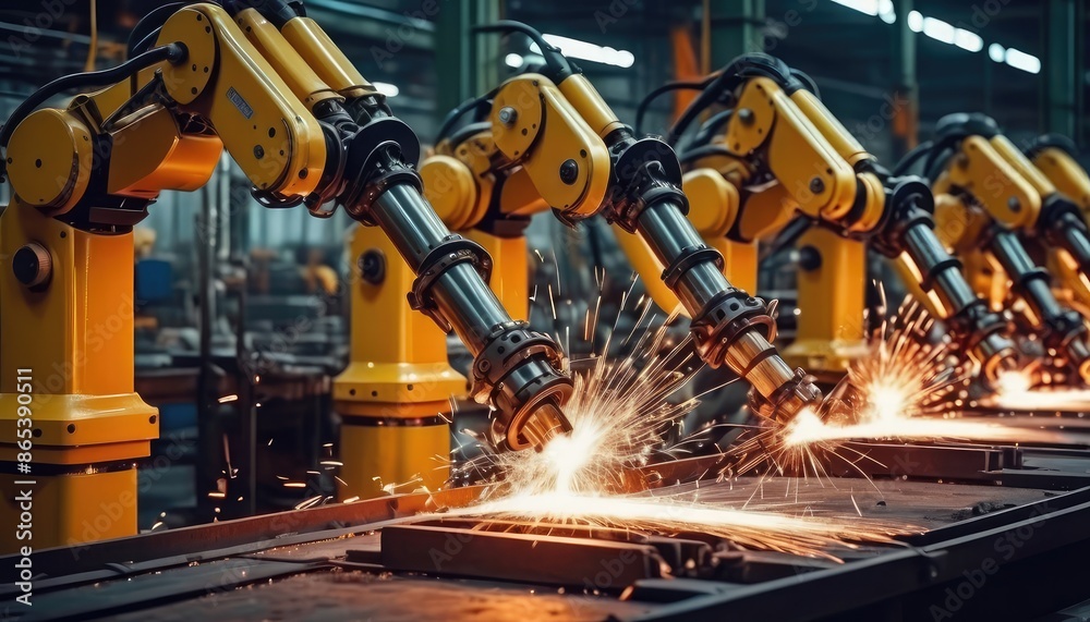 Automated robotic arms welding with sparks flying in a high-tech manufacturing facility Automated robotic arms welding with sparks flying in a high-tech manufacturing facility