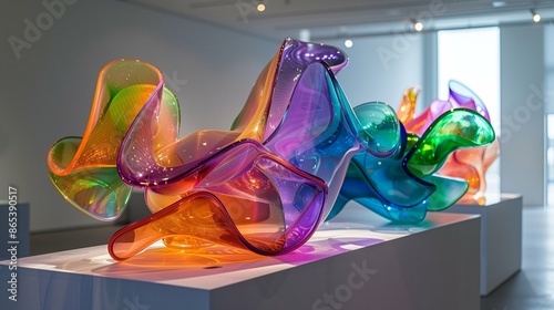 A modern art gallery presents a futuristic sculpture exposition, featuring an abstract art piece with surreal organic shapes crafted from vibrant, colorful glass. 