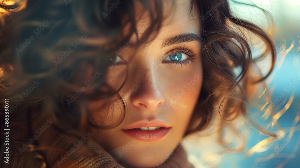 Portrait of Woman with Wavy Hair and Blue Eyes in Sunlight, Facial Freckles and Cozy Sweater, Expressive Winter Portrait with Natural Makeup, Radiant Beauty, Artistic Photography, Sunlit Face Portrait of Woman with Wavy Hair and Blue Eyes in Sunlight, Facial Freckles and Cozy Sweater, Expressive Winter Portrait with Natural Makeup, Radiant Beauty, Artistic Photography, Sunlit Face