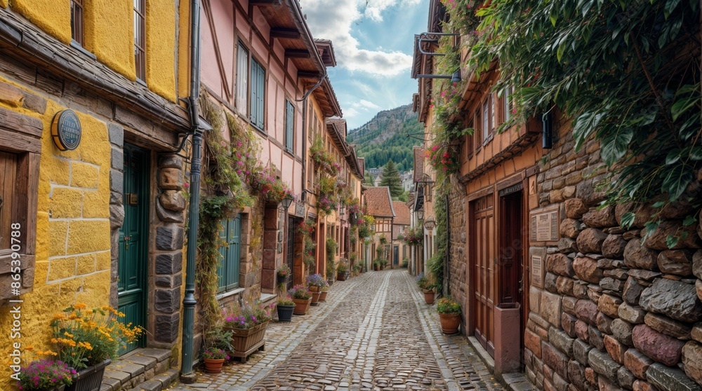 Fototapeta premium Flowery streets on a rainy spring day in a small magical village