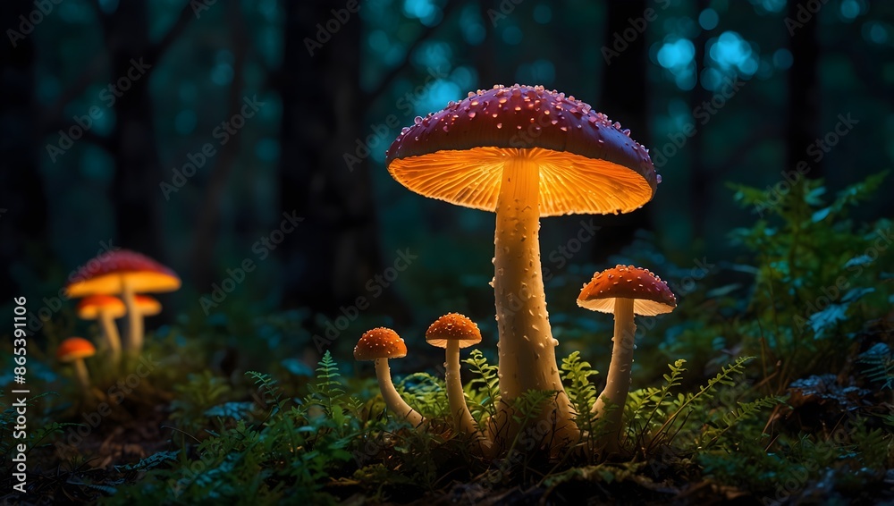 Fototapeta premium Under the canopy, glowing mushrooms paint the night with mystical hues ai_generated