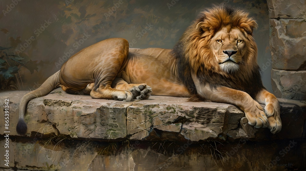 Naklejka premium A lion lies on a stone and looks forward.