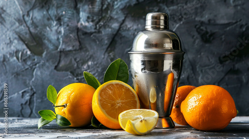 A shiny metal cocktail shaker surrounded by fresh oranges and lemon slices, set against a dark textured background. photo