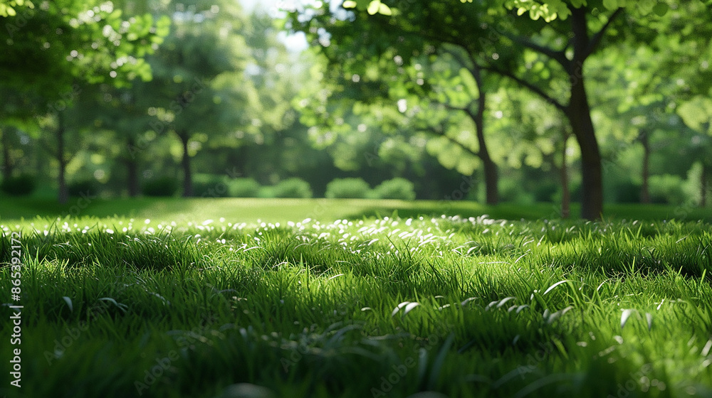 Fototapeta premium A lush green park with trees and grass illuminated by sunlight. The natural scenery provides a calming and refreshing environment, ideal for outdoor activities and relaxation.