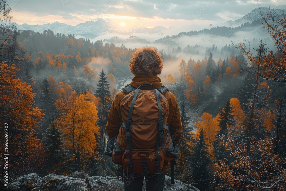 A lone backpacker stands on a rocky outcrop, gazing over a scenic autumnal valley with mist rolling over the mountains, depicting adventure, solitude, and the beauty of nature. A lone backpacker stands on a rocky outcrop, gazing over a scenic autumnal valley with mist rolling over the mountains, depicting adventure, solitude, and the beauty of nature.