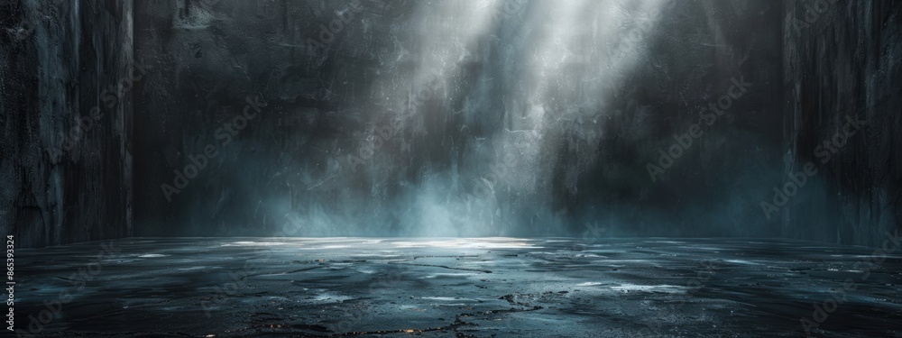 A stark black background with a bright spotlight illuminating an empty stage. A stark black background with a bright spotlight illuminating an empty stage.
