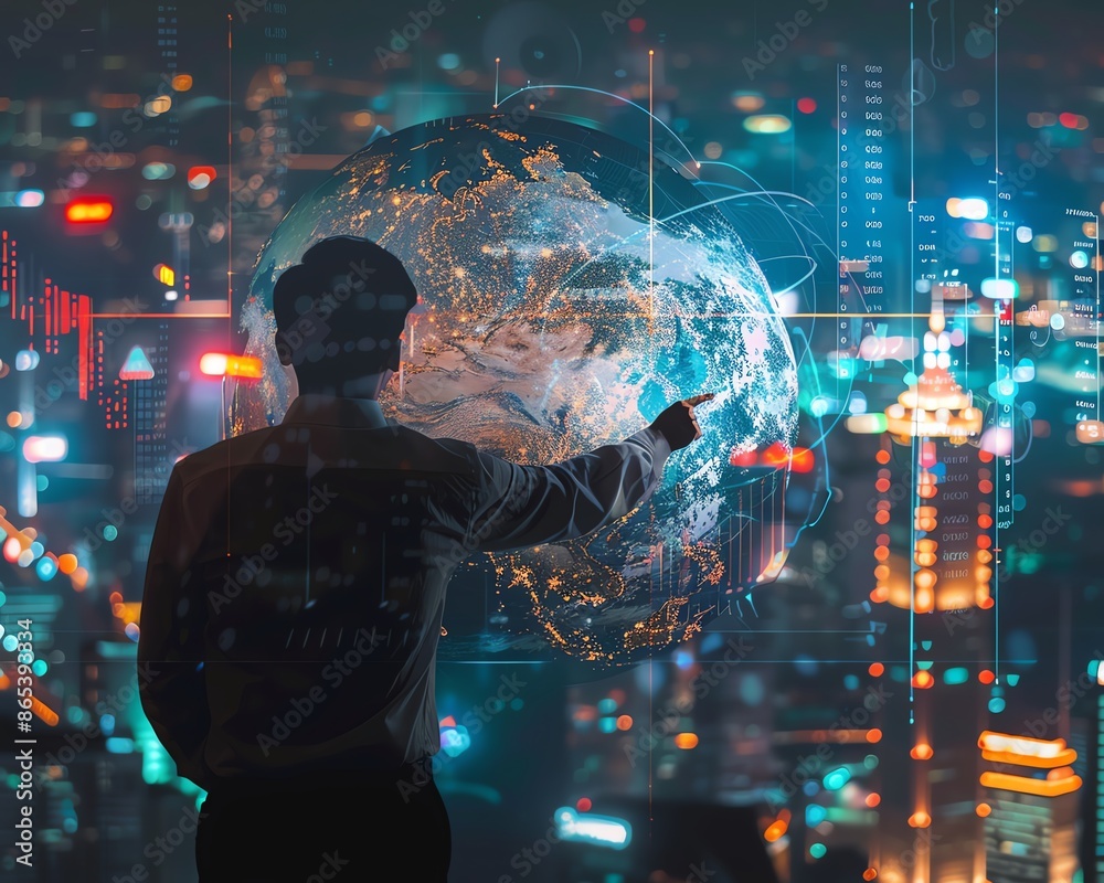 Fototapeta premium Silhouette of a man interacting with a digital globe over a cityscape.