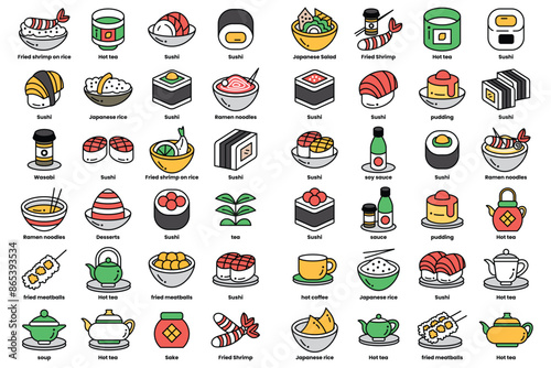 A collection of food items, including sushi, ramen, and miso soup