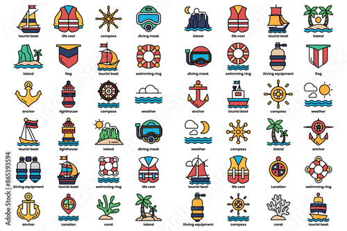 A collection of ocean-themed icons, including boats, life preservers