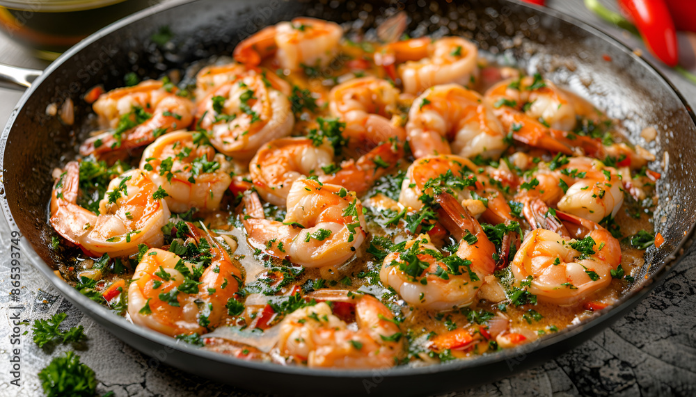 Keto diet dish shrimp scampi with garlic and butter sauce sprinkled with parsley, on a skillet on concrete background, horizontal orientation, close-up Keto diet dish shrimp scampi with garlic and butter sauce sprinkled with parsley, on a skillet on concrete background, horizontal orientation, close-up