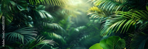 Tropical jungle green leaves background with dark forest and sunlight