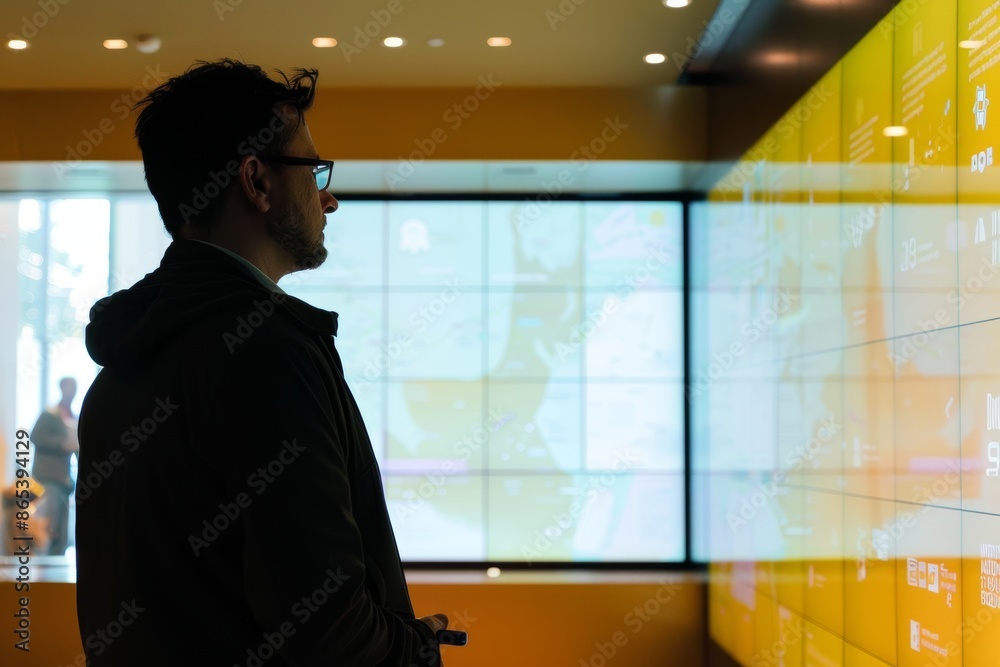 App display looking over a shoulder of a man in front of a interactive digital board with an entirely yellow screen App display looking over a shoulder of a man in front of a interactive digital board with an entirely yellow screen