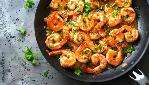 Keto diet dish shrimp scampi with garlic and butter sauce sprinkled with parsley, on a skillet on concrete background, horizontal orientation, close-up