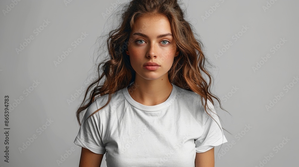 Fototapeta premium Portrait of a Young Woman with Wavy Hair in a White T-Shirt - Generative AI