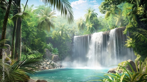 Captivating tropical rainforest scene featuring a serene waterfall cascading into a lush,green oasis. Ideal as a refreshing vacation or travel wallpaper with ample copy space for text overlays.