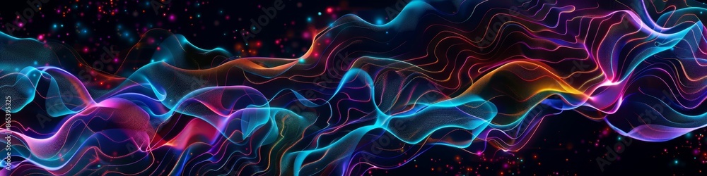 Tech-inspired dark background with a neon grid forming fluid wave patterns, highlighted by bright colors Tech-inspired dark background with a neon grid forming fluid wave patterns, highlighted by bright colors