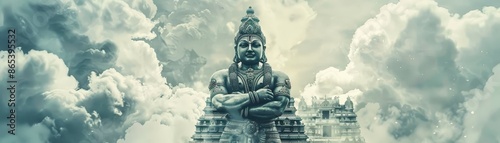 Powerful Hindu warrior figure depicted in double exposure with an ancient temple backdrop,representing the strength and devotion of faith and spirituality. photo