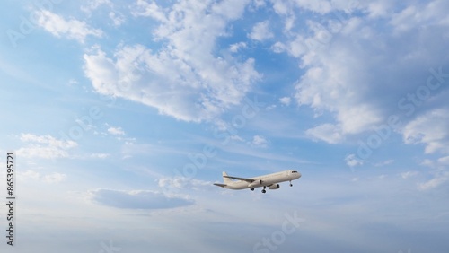 Fototapeta Naklejka Na Ścianę i Meble -  Airplane in the sky at sunset. Air transportation. Travel. Airplane Takes Off Against the Background of Blue Sky.	
