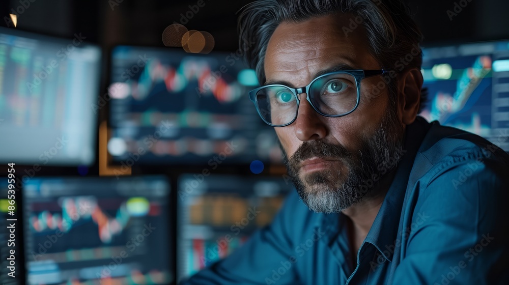 A portrait of an engineer in a blue shirt and glasses, working on a computer with stock charts on the screen A portrait of an engineer in a blue shirt and glasses, working on a computer with stock charts on the screen
