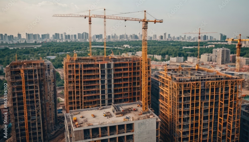 High-rise buildings under construction with cranes towering above, set against a cityscape background High-rise buildings under construction with cranes towering above, set against a cityscape background