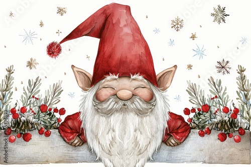 Elderly gnome in watercolor happy character with rosy cheeks and pointy hat on white background