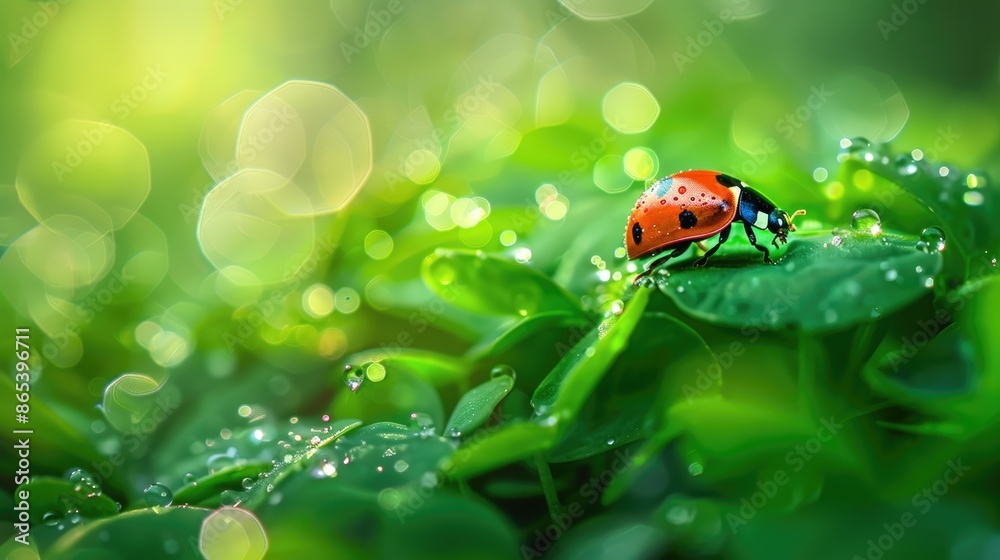 Fresh morning dew on vibrant green grass, with a single ladybug exploring the lush leaves, capturing the essence of a peaceful morning Fresh morning dew on vibrant green grass, with a single ladybug exploring the lush leaves, capturing the essence of a peaceful morning
