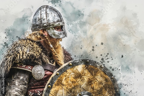 Watercolor painting of a stoic bearded norse warrior in a war helmet on a clean white background