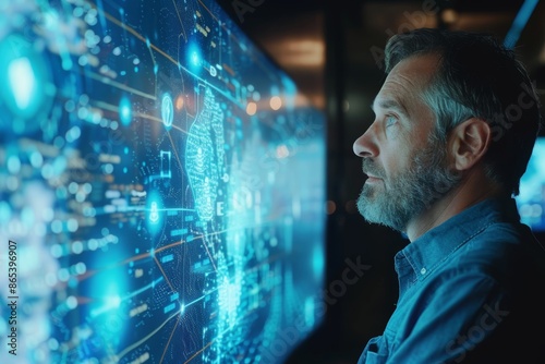 Display mockup from a shoulder angle of a middle-aged man in front of a interactive digital board with a completely blue screen
