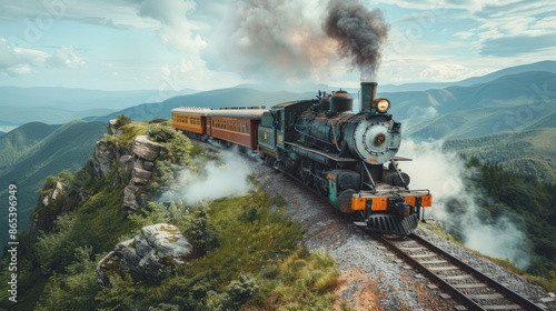 A vintage steam locomotive chugging along a scenic mountain track