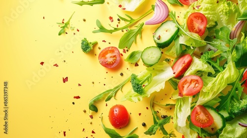 Fresh salad ingredients gracefully descending against a bright yellow background, exuding the vibrant energy of healthy eating