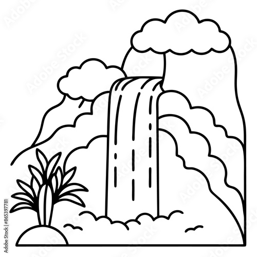 waterfall outline coloring book page line art illustration digital drawing