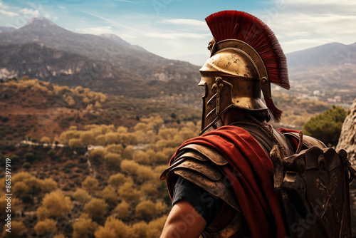 Spartan War. Spartan warrior with landscape in the background. Topics related to ancient Greece and the Spartans. Fights in ancient Greece. Historical reconstitution. Eternal ancient Greece. Video gam