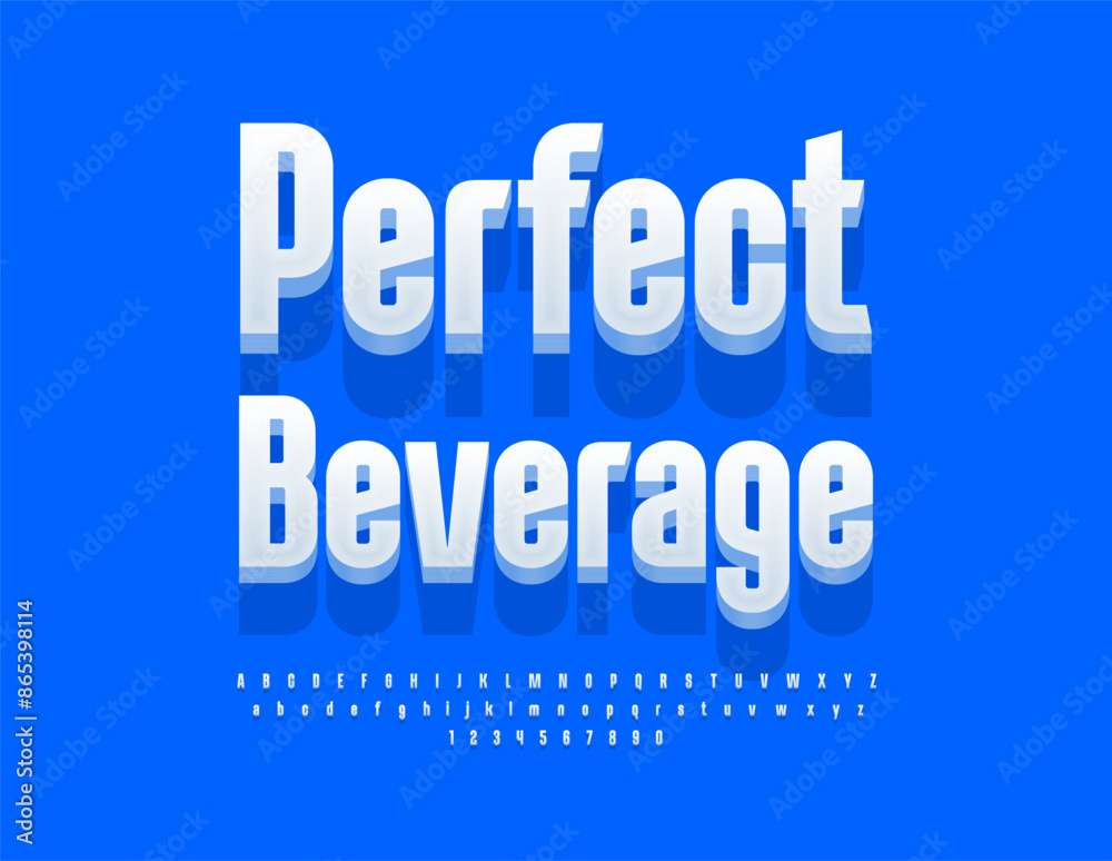 Vector advertising poster Perfect Beverage. Artistic White 3D Font. Modern Alphabet Letters and Numbers set. Vector advertising poster Perfect Beverage. Artistic White 3D Font. Modern Alphabet Letters and Numbers set.