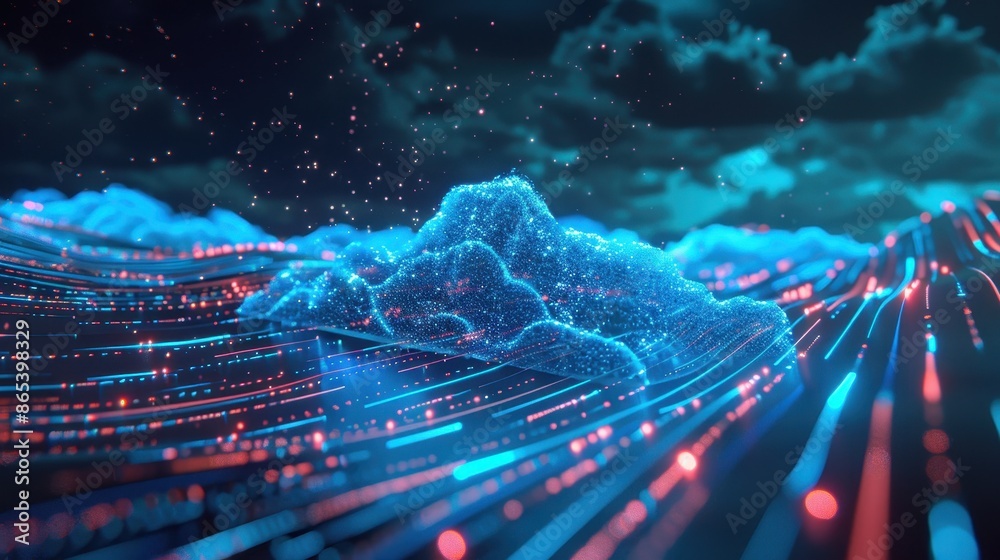 Obraz premium a glowing cloud in a futuristic neon-blue data stream