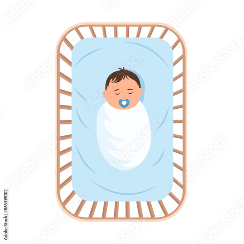 A baby peacefully sleeping in a crib. Top view.  The child, has a gentle smile on its face.Concept of baby comfort sleep. Vector illustration