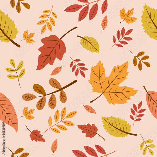 Seamless pattern with autumn leaves. Falling leaves. Autumn botanical background. For design of banners, fabrics, textiles, wallpaper. 